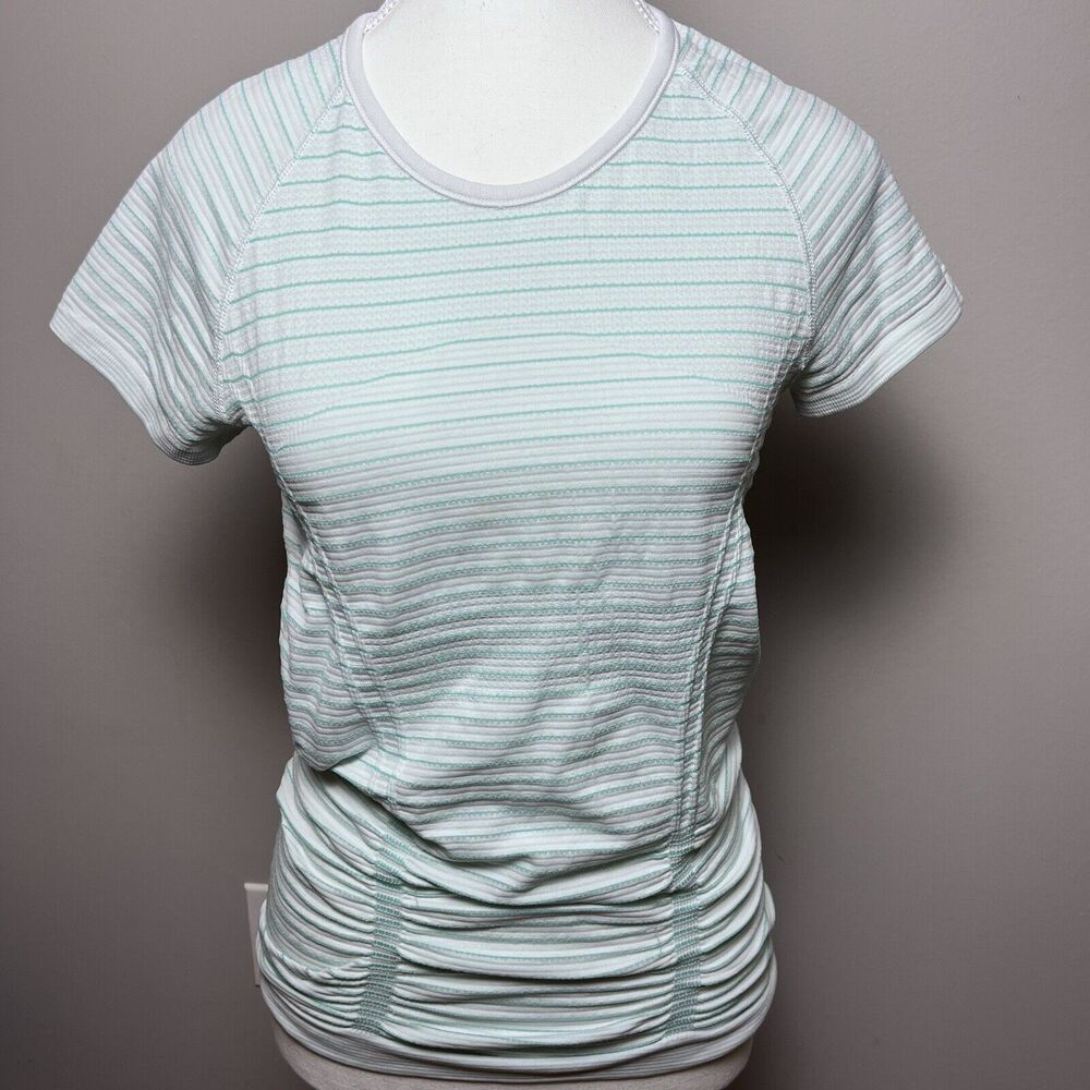 Athleta Crew Neck Size Small Short Sleeve Tee Shirt Green White Stretch